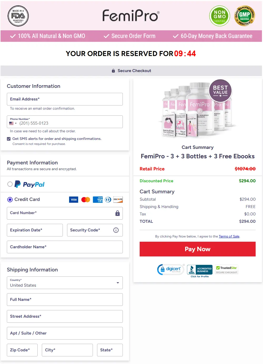 FemiPro checkout page